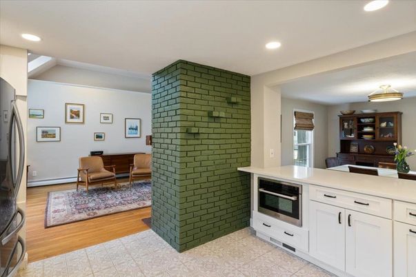 Interior, Kitchen, Recessed Lighting, Stone Walls, Wood Texture Flooring