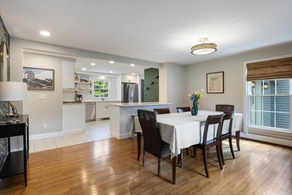 Dining room, Interior, Kitchen, Recessed Lighting, Stainless Steel Appliances, Wood Texture Flooring