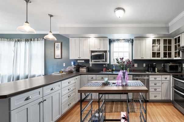 Interior, Kitchen, Pendant Lights, Stainless Steel Appliances, Wood Texture Flooring