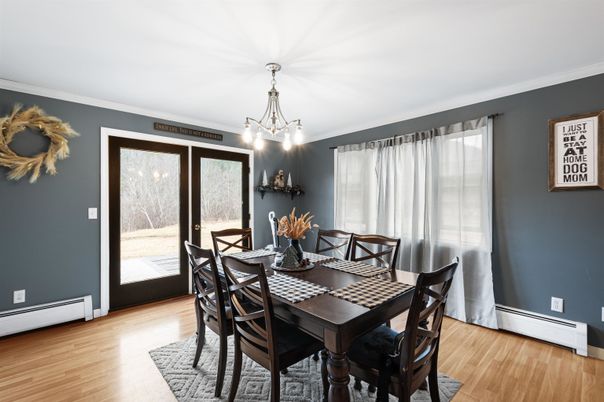 Dining room, Interior, Pendant Lights, Wood Texture Flooring