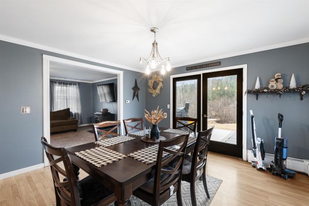 Dining room, Interior, Pendant Lights, Wood Texture Flooring