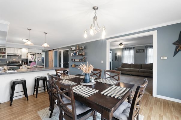 Dining room, Interior, Kitchen, Living room, Pendant Lights, Stainless Steel Appliances, Wood Texture Flooring