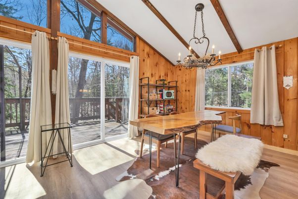 Chandelier, Dining room, Interior, Wooden Beams, Wood Texture Flooring, Wooden Walls