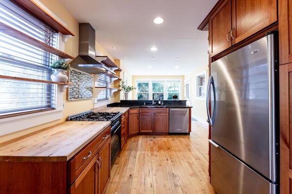 Interior, Kitchen, Recessed Lighting, Stainless Steel Appliances, Wood Texture Flooring