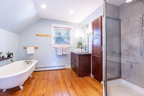 Bathroom, Free Standing Baths, Glass Shower, Interior, Recessed Lighting, Wood Texture Flooring