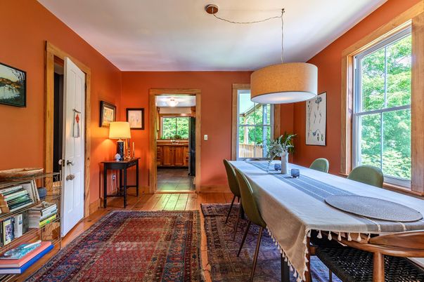 Dining room, Interior, Pendant Lights, Wood Texture Flooring
