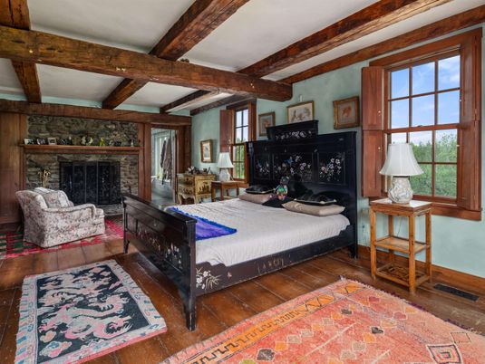 Bedroom, Fireplace, Interior, Wooden Beams, Wood Texture Flooring