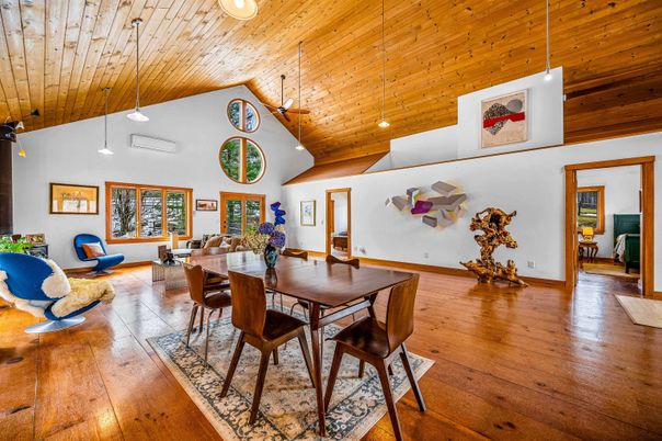 Dining room, Interior, Living room, Pendant Lights, Wooden Ceilings, Wood Texture Flooring