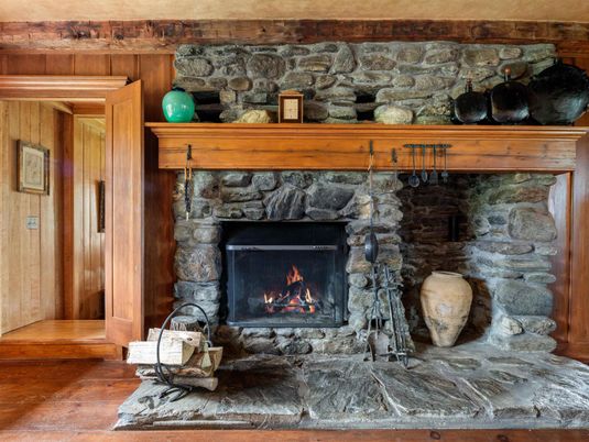 Fireplace, Interior, Stone Walls, Wood Texture Flooring