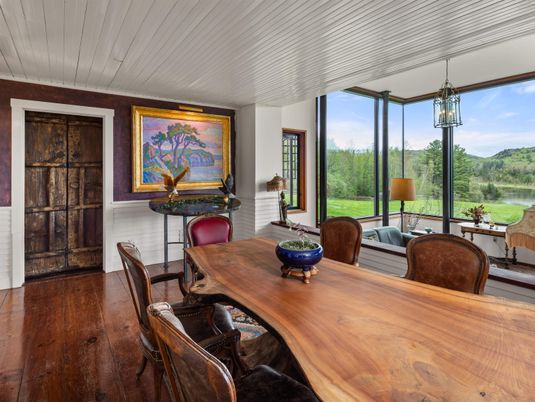Dining room, Interior, Pendant Lights, Wood Texture Flooring