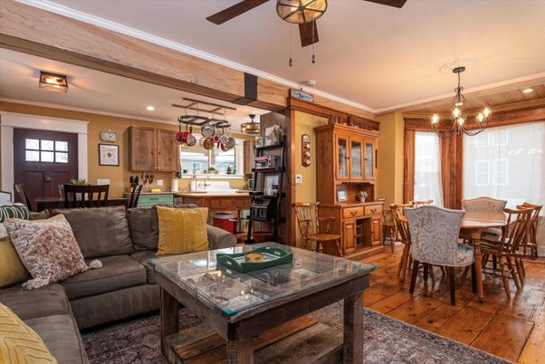 Chandelier, Dining room, Interior, Kitchen, Living room, Pendant Lights, Recessed Lighting, Wood Texture Flooring