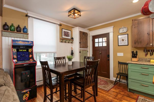 Dining room, Interior, Recessed Lighting, Wood Texture Flooring