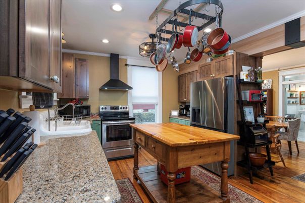 Dining room, Interior, Kitchen, Recessed Lighting, Stainless Steel Appliances, Wood Texture Flooring