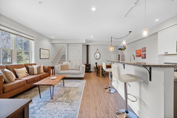 Dining room, Interior, Living room, Pendant Lights, Recessed Lighting, Wood Texture Flooring