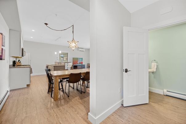 Dining room, Interior, Kitchen, Pendant Lights, Recessed Lighting, Wood Texture Flooring