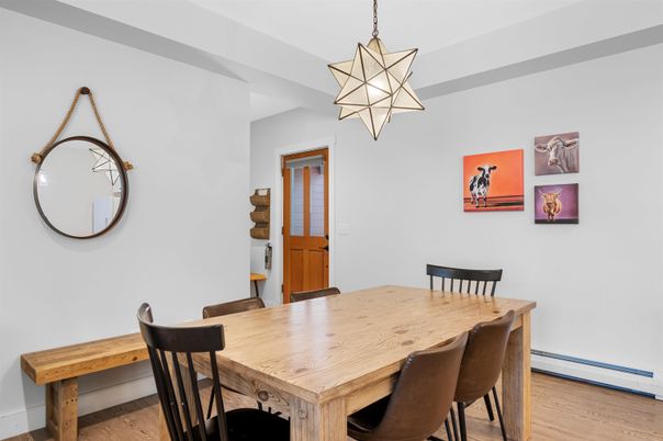 Dining room, Interior, Pendant Lights, Wood Texture Flooring