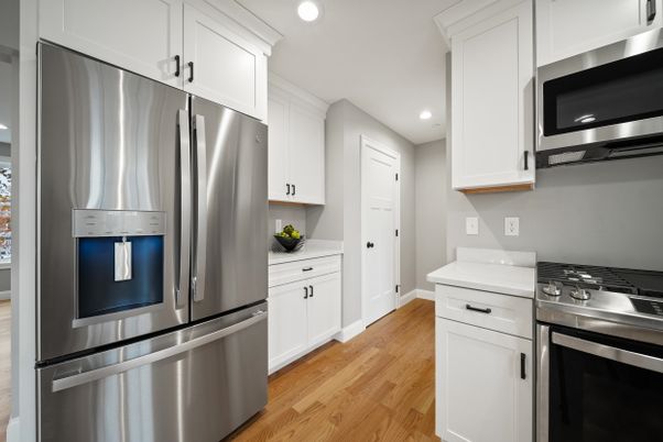 Interior, Kitchen, Recessed Lighting, Stainless Steel Appliances, Wood Texture Flooring