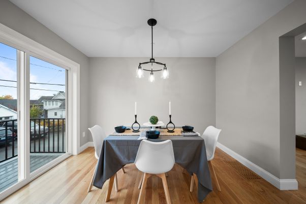 Dining room, Interior, Pendant Lights, Wood Texture Flooring