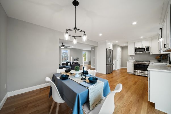 Dining room, Interior, Kitchen, Pendant Lights, Recessed Lighting, Stainless Steel Appliances, Wood Texture Flooring