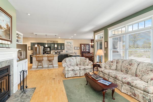 Fireplace, Interior, Kitchen, Living room, Pendant Lights, Recessed Lighting, Wood Texture Flooring