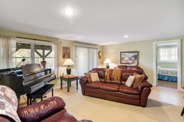 Bedroom, Interior, Living room, Piano, Recessed Lighting, Wood Texture Flooring