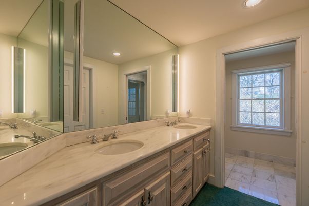 Bathroom, Dual Sink Vanities, Interior, Marble, Recessed Lighting