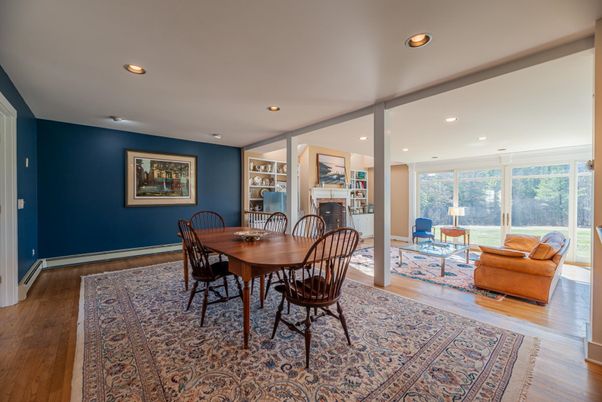 Dining room, Interior, Living room, Recessed Lighting, Wood Texture Flooring