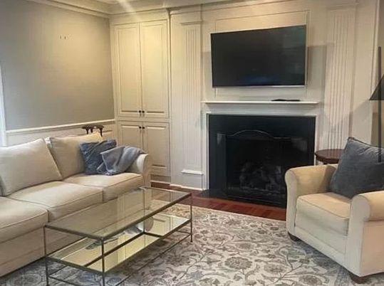 Fireplace, Interior, Living room, Recessed Lighting, Wood Texture Flooring