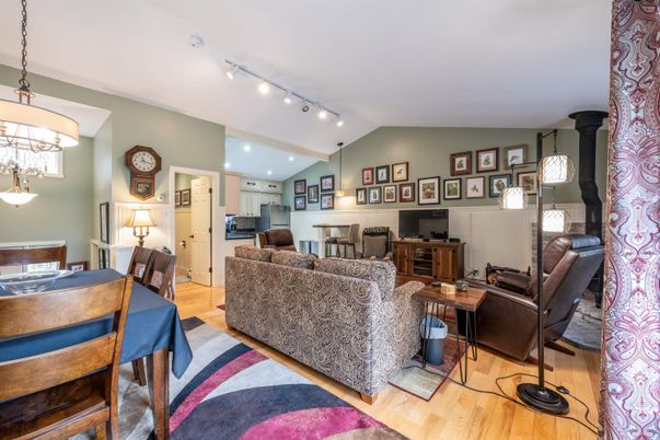 Dining room, Interior, Living room, Pendant Lights, Wood Texture Flooring