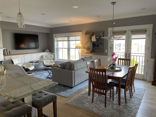 Dining room, Interior, Living room, Pendant Lights, Recessed Lighting, Wood Texture Flooring