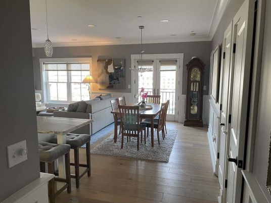 Dining room, Interior, Living room, Pendant Lights, Recessed Lighting, Wood Texture Flooring