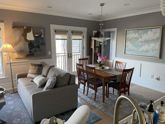 Dining room, Interior, Living room, Pendant Lights, Wood Texture Flooring