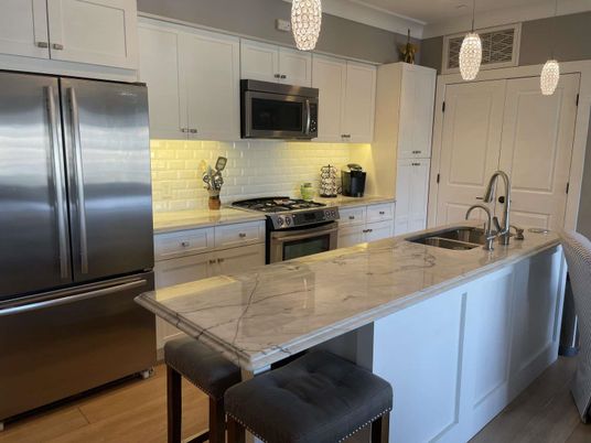 Interior, Kitchen, Pendant Lights, Recessed Lighting, Stainless Steel Appliances, Wood Texture Flooring