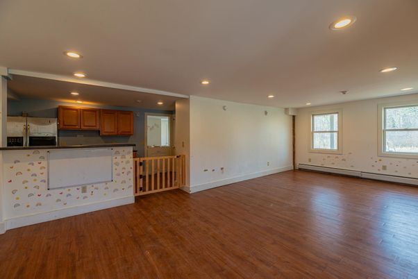 Empty room, Interior, Kitchen, Recessed Lighting, Wood Texture Flooring
