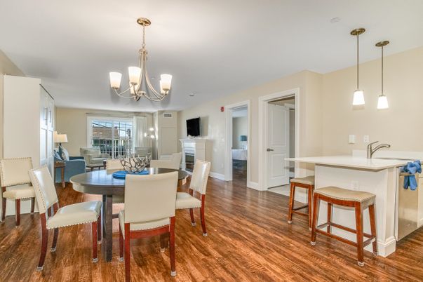 Chandelier, Dining room, Fireplace, Interior, Living room, Pendant Lights, Wood Texture Flooring