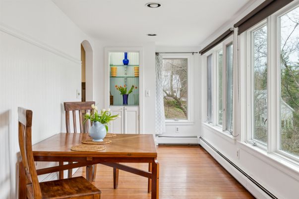Dining room, Interior, Recessed Lighting, Wood Texture Flooring