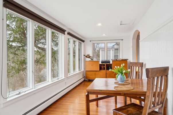 Dining room, Interior, Recessed Lighting, Wood Texture Flooring