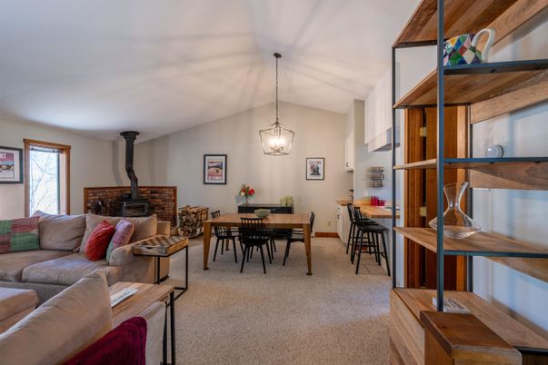 Dining room, Fireplace, Interior, Living room, Pendant Lights