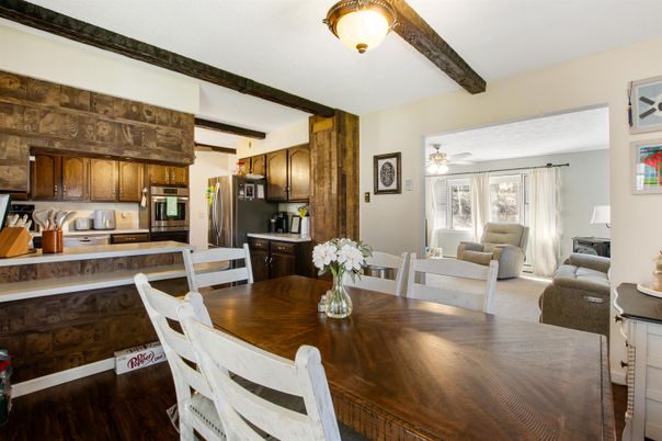 Dining room, Interior, Kitchen, Living room, Stainless Steel Appliances, Wooden Beams, Wood Texture Flooring
