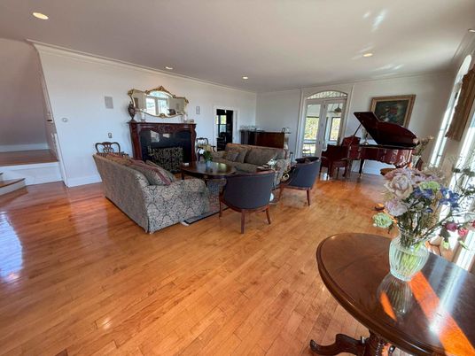 Fireplace, Interior, Living room, Piano, Recessed Lighting, Wood Texture Flooring