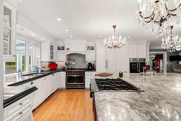 Chandelier, Interior, Kitchen, Recessed Lighting, Stainless Steel Appliances, Wood Texture Flooring