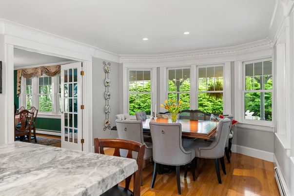 Dining room, Interior, Recessed Lighting, Wood Texture Flooring