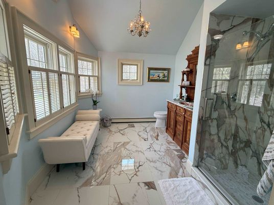 Bathroom, Chandelier, Glass Shower, Interior, Marble