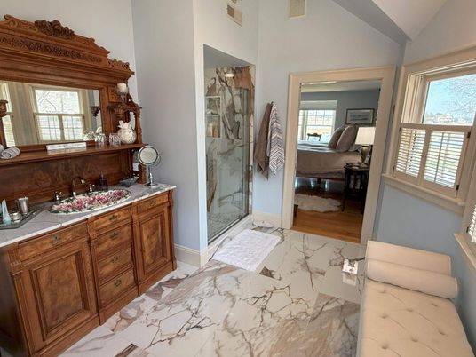 Bathroom, Bedroom, Glass Shower, Interior, Marble, Wood Texture Flooring