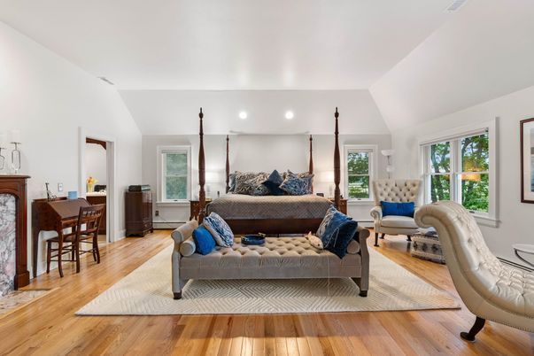 Bedroom, Fireplace, Interior, Living room, Recessed Lighting, Wood Texture Flooring