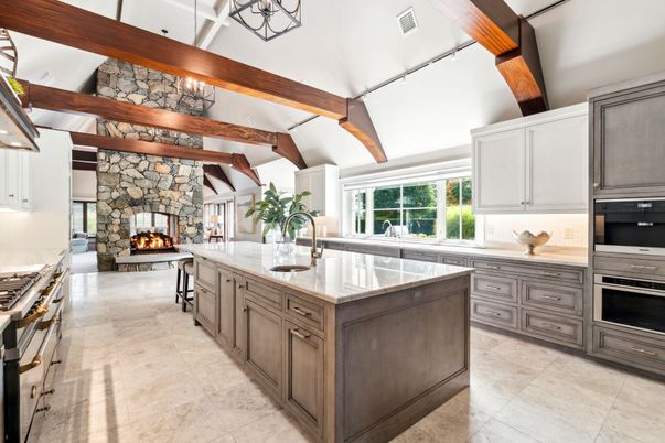Fireplace, Interior, Kitchen, Stainless Steel Appliances, Wooden Beams