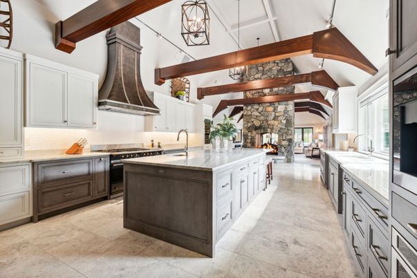 Fireplace, Interior, Kitchen, Living room, Pendant Lights, Stainless Steel Appliances, Wooden Beams
