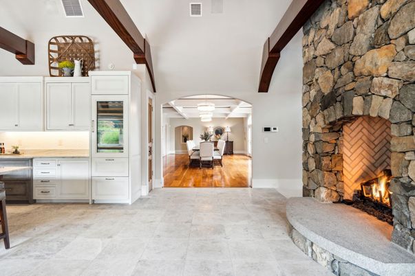 Dining room, Fireplace, Interior, Kitchen, Pendant Lights, Stone Walls, Wooden Beams, Wood Texture Flooring
