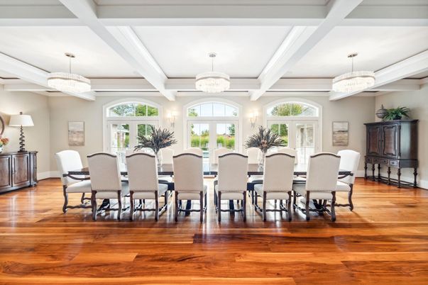 Chandelier, Dining room, Interior, Wood Texture Flooring