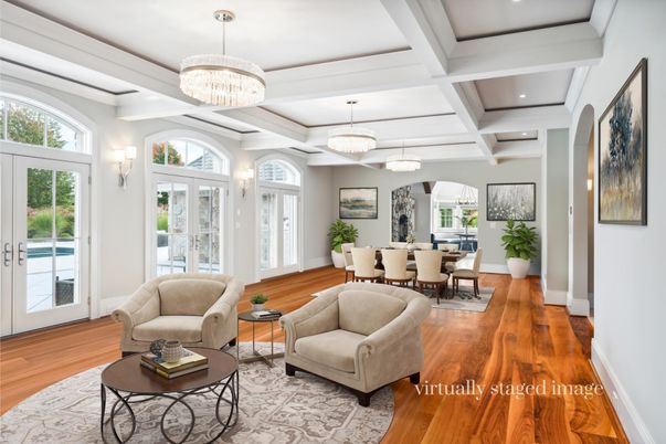 Chandelier, Dining room, Interior, Living room, Recessed Lighting, Wood Texture Flooring